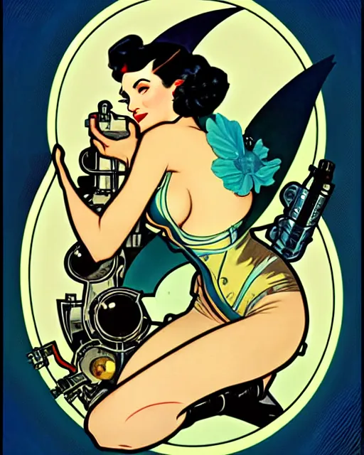 Image similar to a retro future science fiction pinup illustration of dita von teese, alphonse mucha, alberto vargas, gil elvgren, diesel punk.