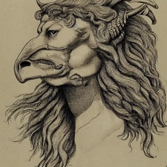 Image similar to human / eagle / lion / ox hybrid with two horns, one beak, mane and human body. drawn by da vinci