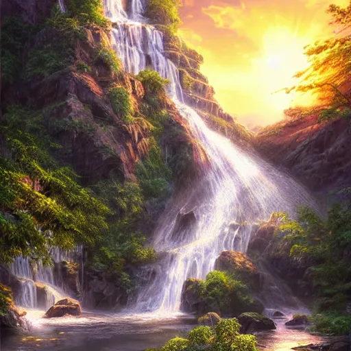 Image similar to beautiful waterfall between lush mountains in the sunset casting rays of light, highly detailed, sharp focus, artgerm, cgsociety