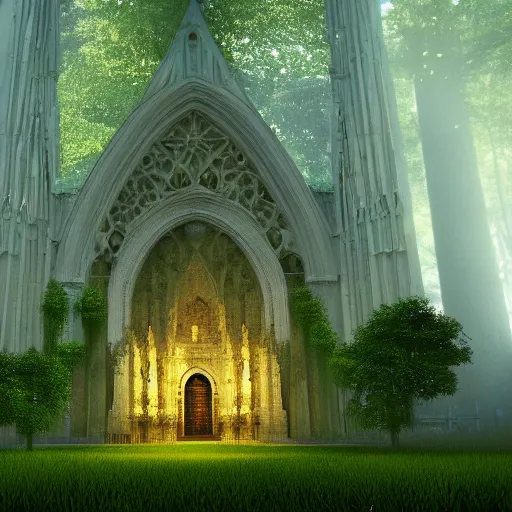 Prompt: concept art, cathedral in a rain forrest, moss, symmetry, octane, soft render, intricate, blender art, the golden ratio, mysticism, cinematic, hd wallpaper