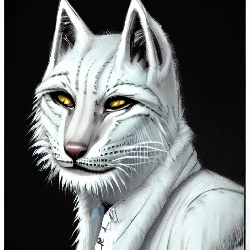 Image similar to sketch of white anthropomorphic lynx cat, portrait by Les Edwards, furry fantasy art, 4k, trending on artstation