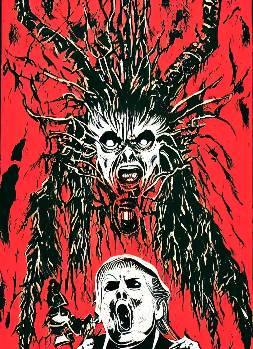 Image similar to Donald Trump's disgusting true form on a 1990s horror movie poster, inking, vintage 90s print, detailed, scary, horror, screen print, bright colors, trending on artstation