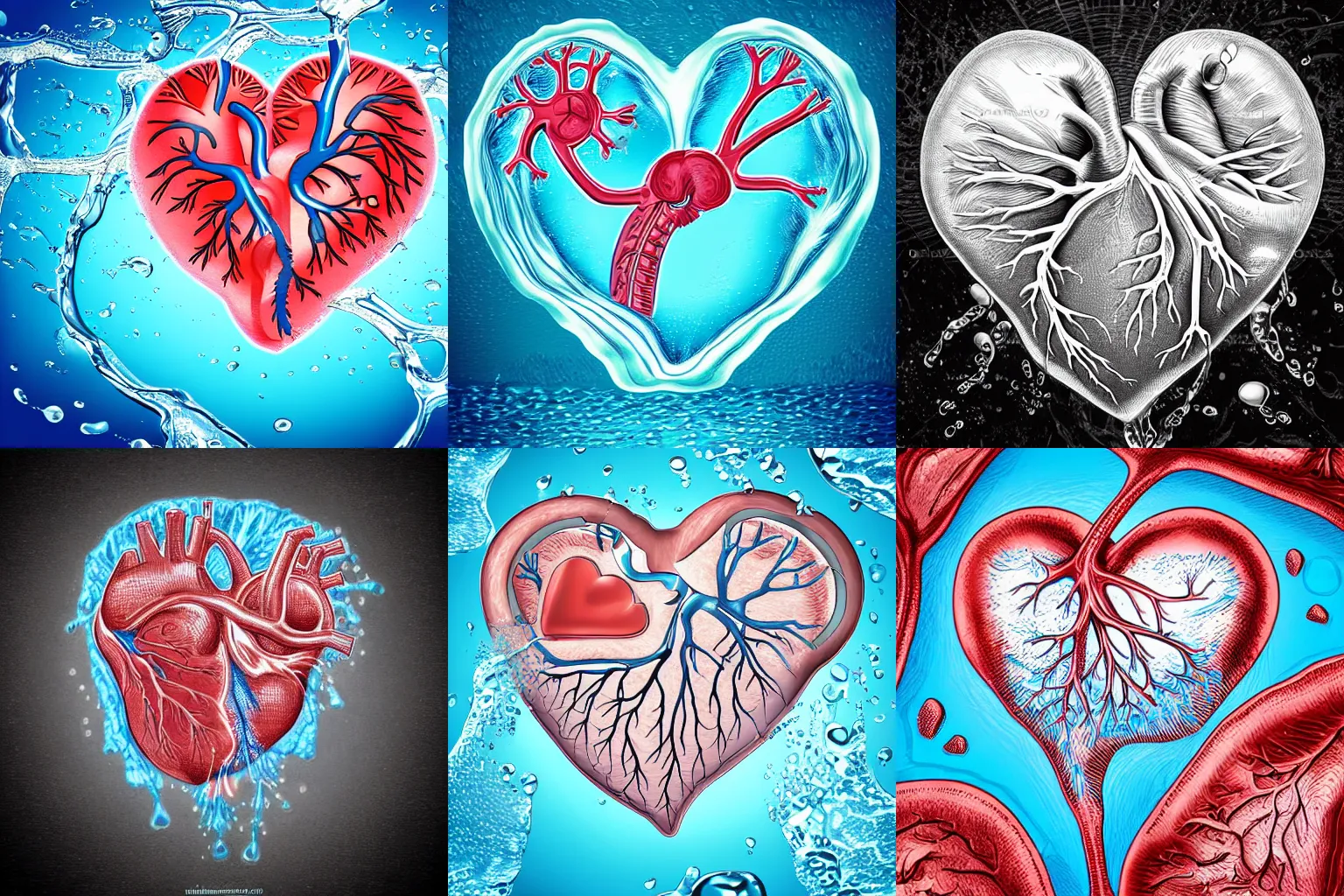 Prompt: anatomical heart made of water, ultra detailed, background of splashing water