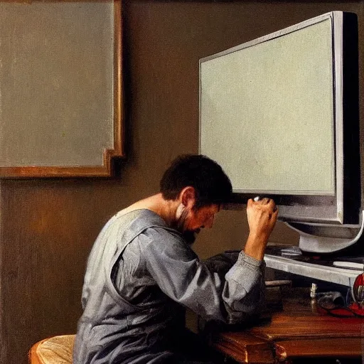 Image similar to an angry man yells at his computer monitor, oil on canvas, 1 8 8 3, highly detailed