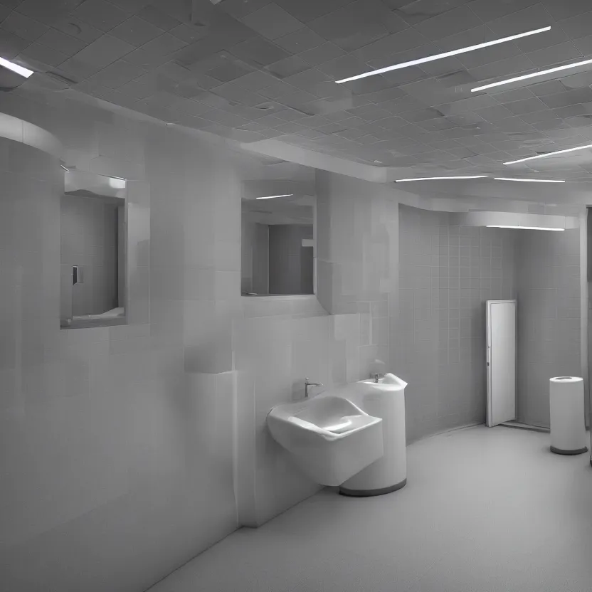 Image similar to an infinite public restroom with endless stalls and endless sinks fading into the distance, cinematic lighting, volumetric lighting, award winning photography, highly detailed, intricate, sharp focus, 4 k wallpaper, unreal engine, 9 0 mm, f / 1. 4