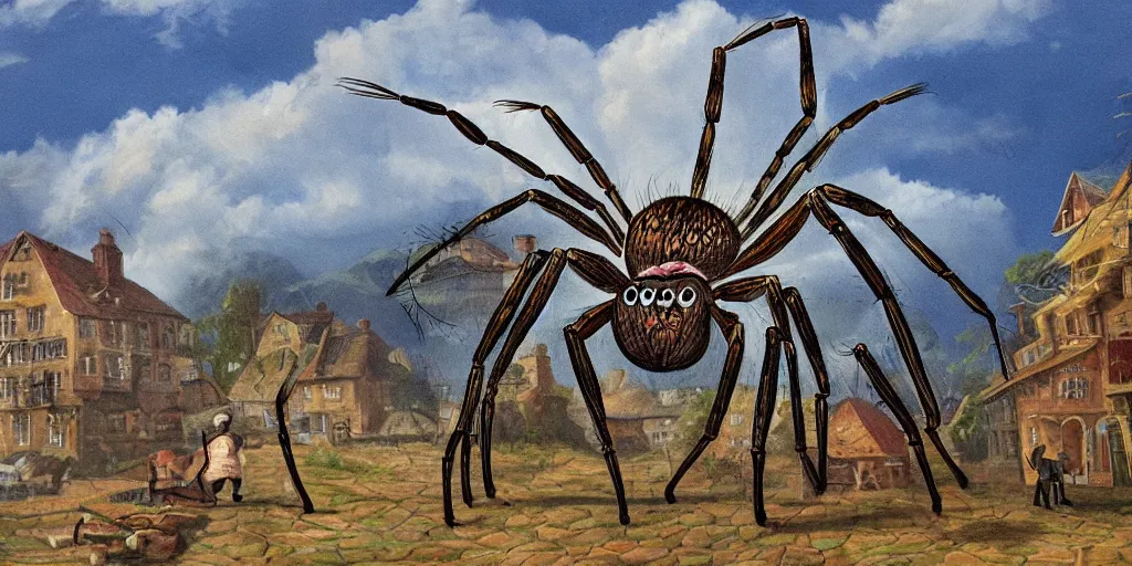 Image similar to painting of a giant spider walking in a village, surreal