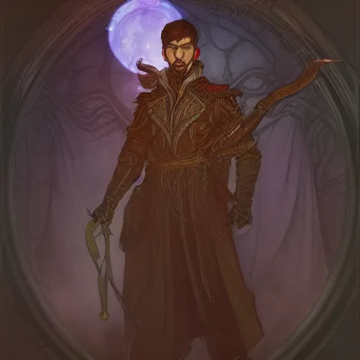 Image similar to a portrait of a male warlock, medium level shot , epic scene, Mucha style , Grim fantasy, illustration ,concept art,