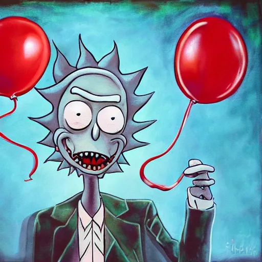 Prompt: grunge painting of rick from rick and morty with a wide smile and a red balloon by chris leib, loony toons style, pennywise style, corpse bride style, horror theme, detailed, elegant, intricate