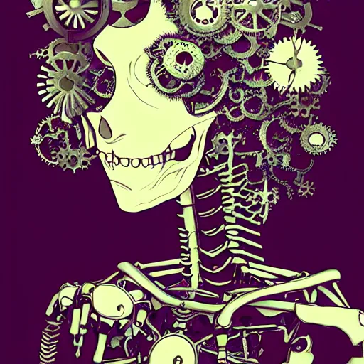 Image similar to surreal manga anime photo portrait of complex bio - mechanical beautiful young female skeletal cyborg with a mandelbrot fractal steampunk metal skull face, disney, retrofuturistic depressing, floral foliage, rococo, steampunk, 8 k