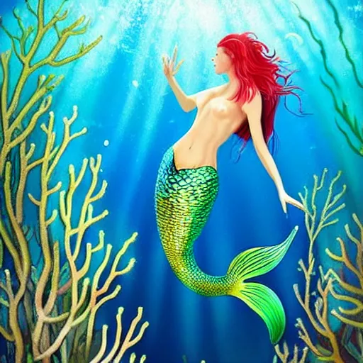 Image similar to a beautiful mermaid underwater, brightly coloured fish, coral and seaweed, hyper - realistic, mystic, detailed