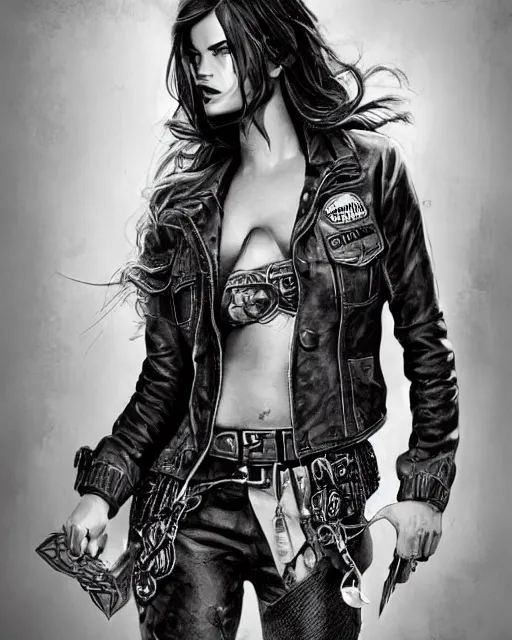 Image similar to Adriana Lima in sons of anarchy tv show, wearing jacket, D&D style , highly detailed, digital art, trending on artstation, smooth, sharp focus, illustration, art by artgem and ROBERT HYNES