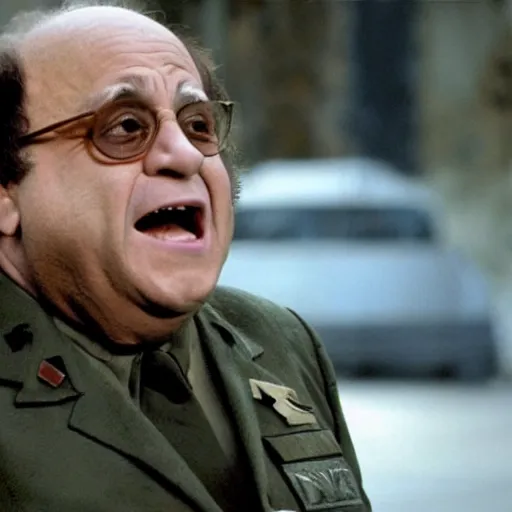 Image similar to Danny Devito as a soldier in a movie directed by Christopher Nolan, movie still frame, promotional image, imax 70 mm footage