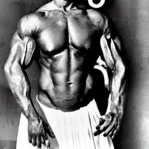 Prompt: mahatma ghandi bodybuilder, muscular, macho, photo,