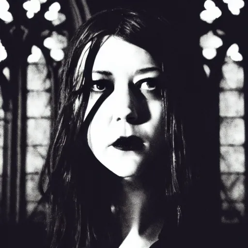 Prompt: mary elizabeth winstead as a vampire in a gothic cathedral at night, gloomy, gothic photography.