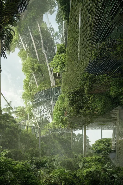 Image similar to architecture inspired by renzo piano deep in the rainforest. nature is taking over. upside down. metabolism. matte painting. octane render. hdr. volumetric lighting. global illumination. atmospheric.