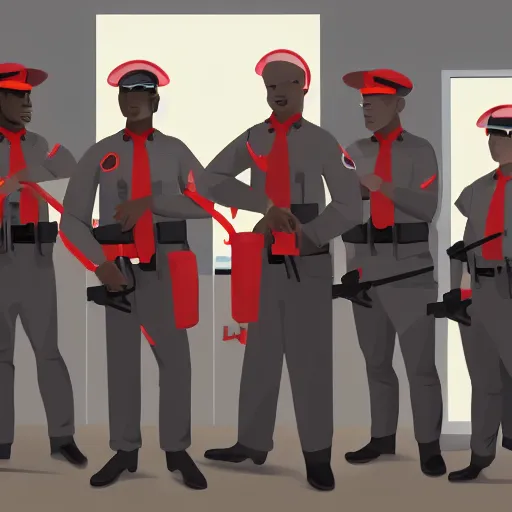 Image similar to security officers with glowing red skin in beige uniforms and gray pants holding bullpup guns in a brutalist office setting trending on artstation digital painting 4 k sharp detail high quality