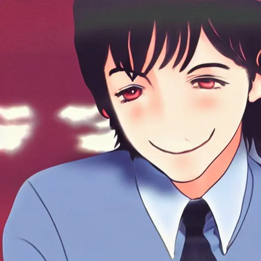 Image similar to anime illustration of young Paul McCartney from the Beatles, wearing a blue check shirt, long sideburns, on a yacht at sea, smiling at camera, ufotable