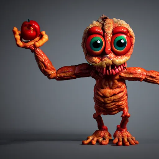 Image similar to an alive apple fritter with eyes and arms and legs, 3d model, octane, realistic lighting, dynamic shadows