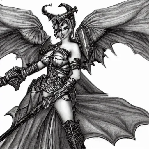 Image similar to a female winged gargoyle woman with a flaming sword, plate armor, fantasy, concept drawing