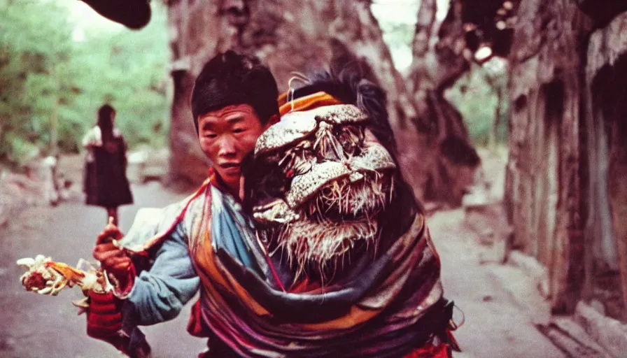 Image similar to 7 0 s movie still of a tibetan man with a giant spider in the mouth, cinestill 8 0 0 t 3 5 mm eastmancolor, heavy grain, high quality, high detail