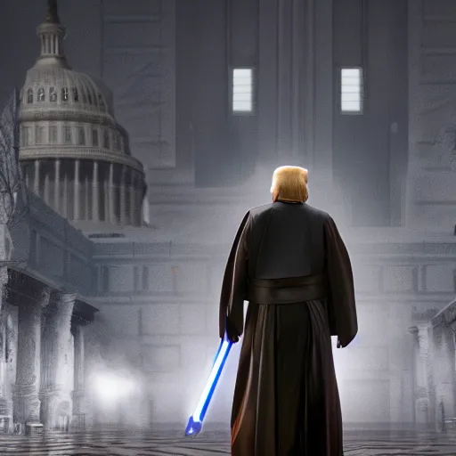 Prompt: Donald Trump as a jedi, post-apocalyptic, capitol hill, wlop, trending on artstation, octane render, 4k, HDRI, cinematic