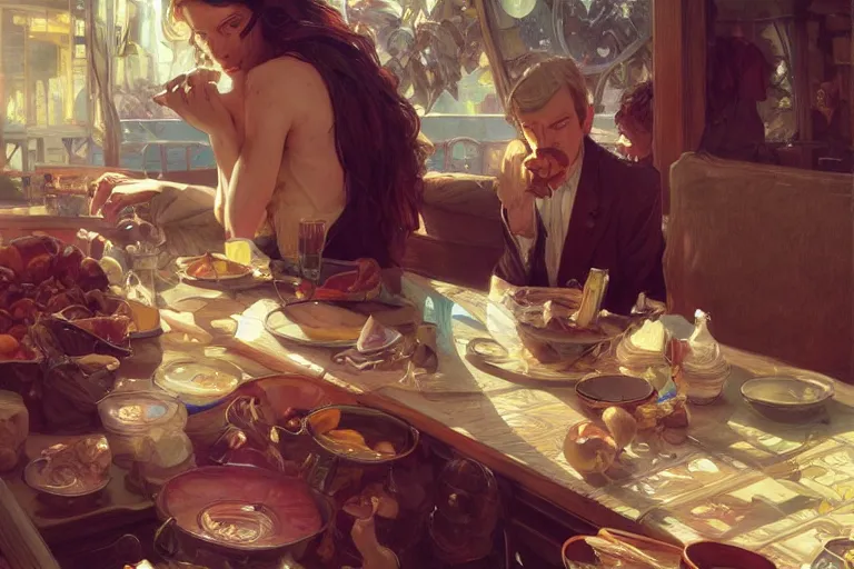 Image similar to photography of saul goodman eating, deep focus, intricate, elegant, highly detailed, digital painting, artstation, concept art, matte, sharp focus, illustration, art by artgerm and greg rutkowski and alphonse mucha