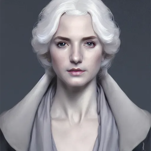 Image similar to white haired aristocrat, bust portrait, gentle, solemn face, cloth, female, city landscape, d & d, fantasy, intricate, elegant, digital painting, white grey color palette, artstation, octane render, concept art, matte, sharp focus, illustration, herrarthstone, art by artgerm and greg rutkowski and alphonse mucha