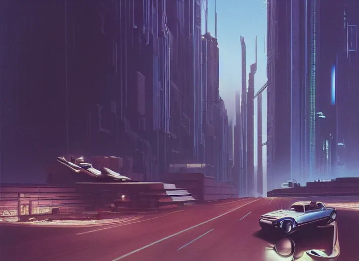 Image similar to a car driving down a street next to tall buildings the night at 9:00 am, cyberpunk art by Chesley Bonestell, cgsociety, retrofuturism, matte painting, reimagined by industrial light and magic