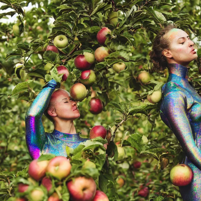 Image similar to a closeup portrait of a woman wearing a muddy iridescent holographic wetsuit, picking apples from a tree in an orchard, foggy, moody, photograph, by vincent desiderio, canon eos c 3 0 0, ƒ 1. 8, 3 5 mm, 8 k, medium - format print