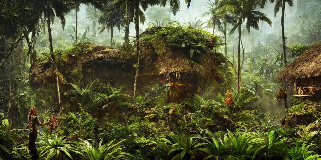 Image similar to tropical jungle, wall wood fortress, borderland style, Hyperrealistic CGI, Photorealistic, plants environment, wide angle, establishing shot, cinematic lighting, atmospheric, realistic, octane render, highly detailed, color graded, matte painting in the style of craig mullins