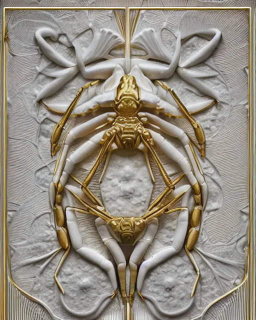 Image similar to symmetry, white marble, white marble bas relief sculpture, white pottery with gold kintsugi, feminine shapes, crabs, spiders, scorpions, tarantulas, stunning, highly detailed, intricately detailed, art nuevo, octane, 8 k, hdr, art by hr geiger and ridley scott and alphonse mucha, trending on artstation