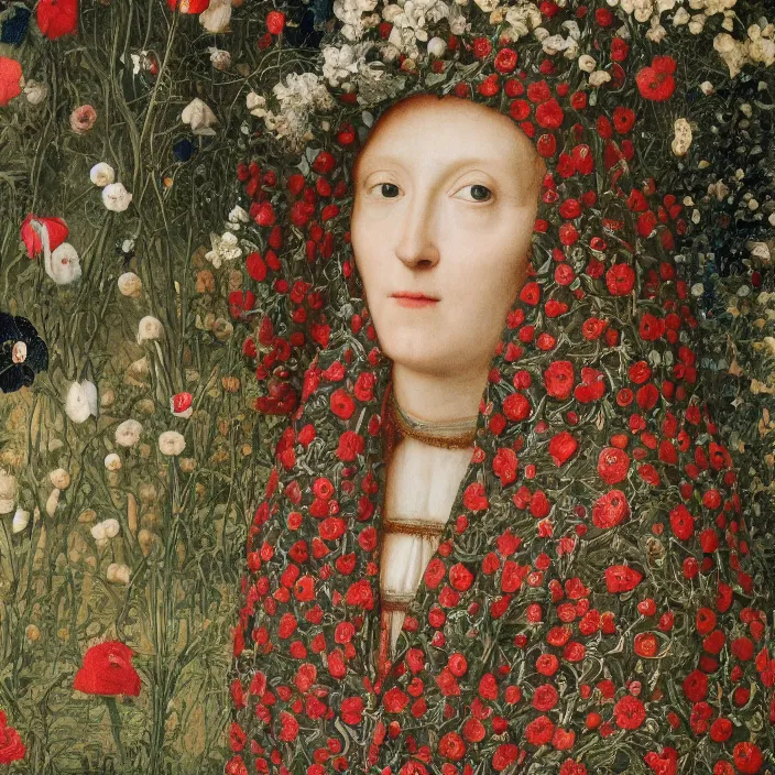 Image similar to a closeup portrait of a woman wearing a cloak made of plastic an mud, in an infinite landscape of flowers, photograph by jan van eyck, canon eos c 3 0 0, ƒ 1. 8, 3 5 mm, 8 k, medium - format print