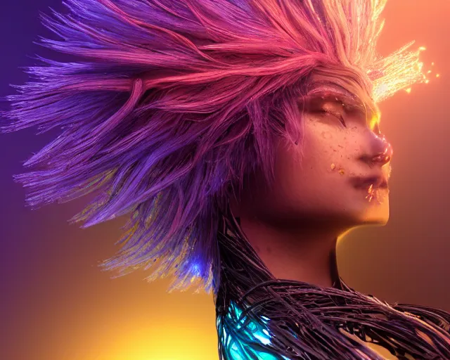 Image similar to glowing hair, complex cybernetic beings, beautiful hairy humanoids, cybermagnetosphere, cybernetic civilizations, ornate hair, love, joy, vortexes, large arrays, data holograms, 8 k, cinematic light shadows, wet hdr refractions, *, * * *, * * * * *