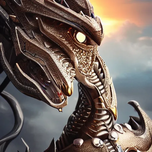 Image similar to a highly detailed close-up bust, of a beautiful majestic anthropomorphic robot female dragon, with smooth and streamlined mechanical armor, standing and posing elegantly in front of the camera, well detailed head with soft LED eyes, sharp teeth, two arms, artstation, DeviantArt, professional, octane render, sunset lighting