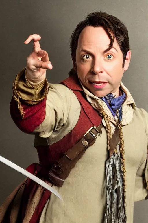 Image similar to Sam Riegel as Scanlan Shorthalt from Vox Machina, Halfling Bard, realistic cinematic shot, flipping you off using Bigby's Hand, subtle fog and mood lighting