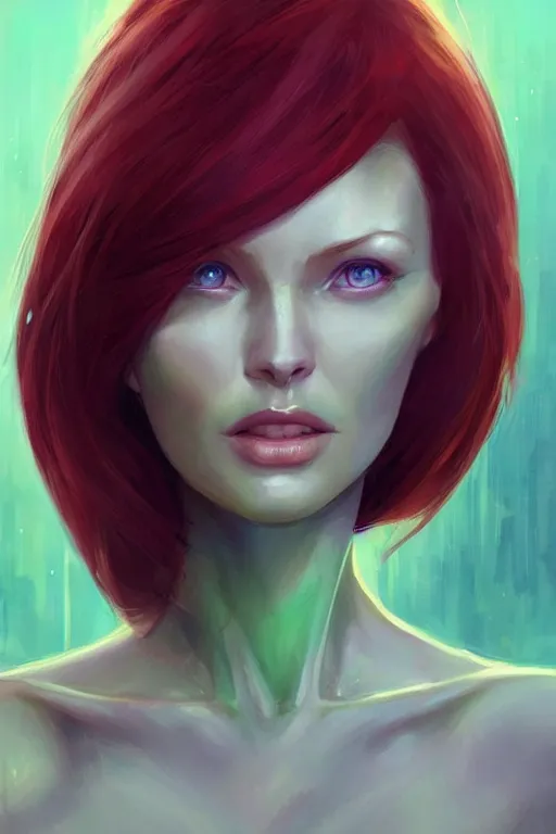 Image similar to Redhead alien human beautiful hybrid feminine woman with green eyes and a roundish nose as a futuristic heroine, digital painting, artstation, concept art, smooth, sharp focus, illustration, art by artgerm and donato giancola and Joseph Christian Leyendecker, Ross Tran, WLOP