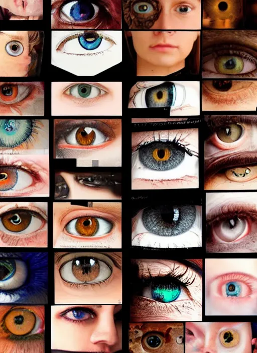 Prompt: grid montage of eyes, square dilated pupils, detailed colored textures, eyelashes, advanced art, art styles mix, from wikipedia, wet reflections in eyes, sunshine light, hd macro photograph, from side, various eyelid positions, square black pupil centered