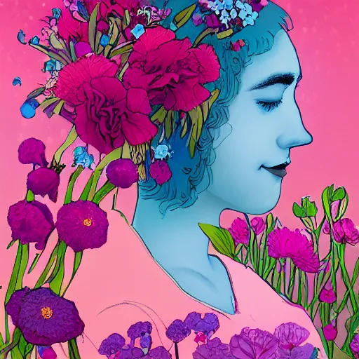 Image similar to a picture of a dreaming woman with flowers grow out of hair, roses peonies forget-me-nots dahlias lupins gladioli, sky theme in background by Elsa Beskow, Digital Art, Trending on artstation