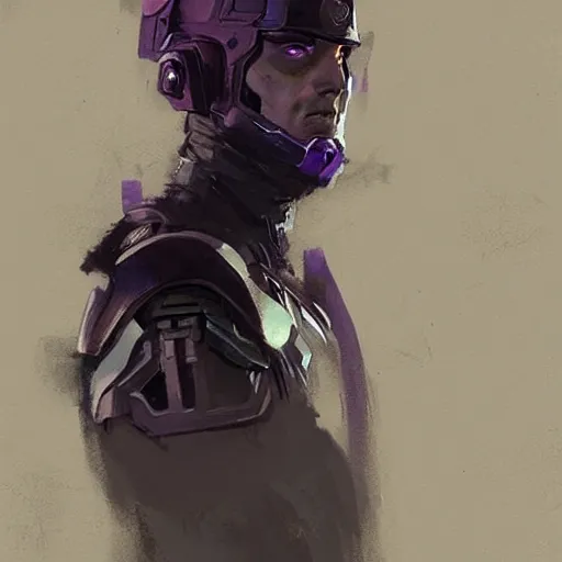 Image similar to concept art of a portrait by greg rutkowski, a soldier of the eternal empire wearing purple and black tactical gear, star wars expanded universe, smooth, sharp focus, artstation hq.