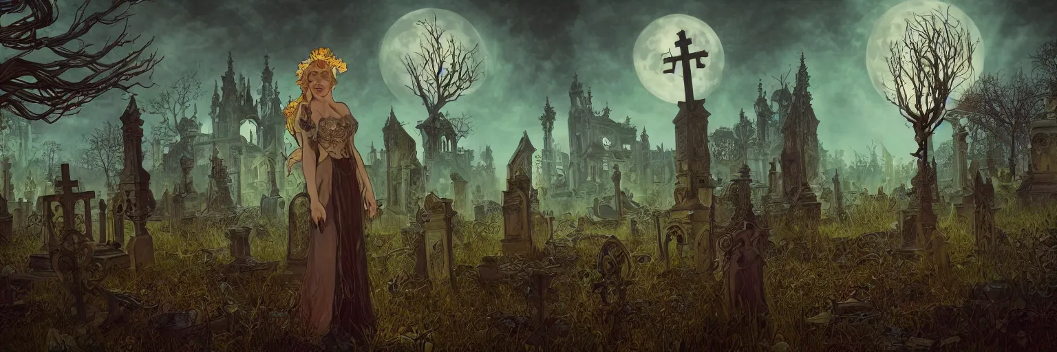 Image similar to an ultra detailed animation of a glowing apparition in a graveyard at midnight on halloween, tattoo on shohulder, digital art, dark fantasy, concept art, soulslike, by alphonse mucha, blood moon eclipse, ruined building in the background, artstation, 8 k, unreal engine render