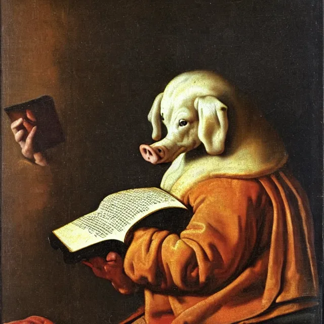 Prompt: baroque dutch painting from 1 6 7 0 of a pig reading a book