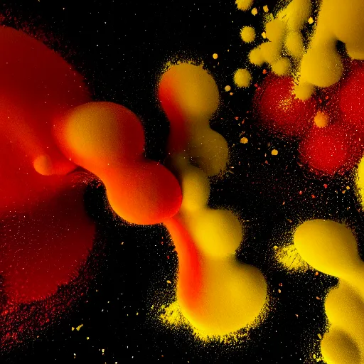 Image similar to color powder explosion on black background, particles, fine detail, hyperrealism, james jean and jackson pollock and damien hirst, golden ratio, fractal, sharp focus, octane render, artstation, vfx