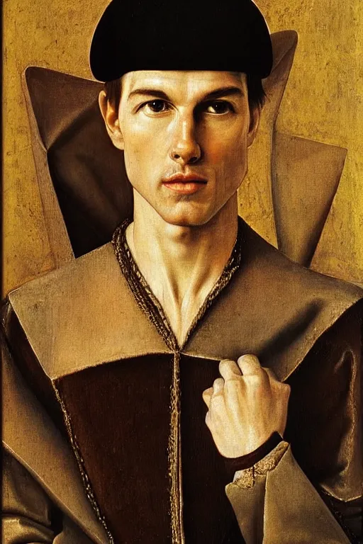 Image similar to renaissance 1 6 0 0 portrait of tom cruise, oil painting by jan van eyck, northern renaissance art, oil on canvas, wet - on - wet technique, realistic, expressive emotions, intricate textures, illusionistic detail