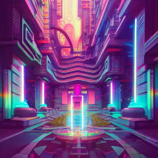 Image similar to street view of a cybernetic temple, vaporwave aesthetic, colorful, psychedelic, digital painting, artstation, concept art, smooth, sharp focus, illustration, art by artgerm and greg rutkowski and alphonse mucha