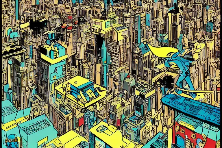 Image similar to sci-fi, futuristic city, cyberpunk, TinTin style! art by Hergé!!