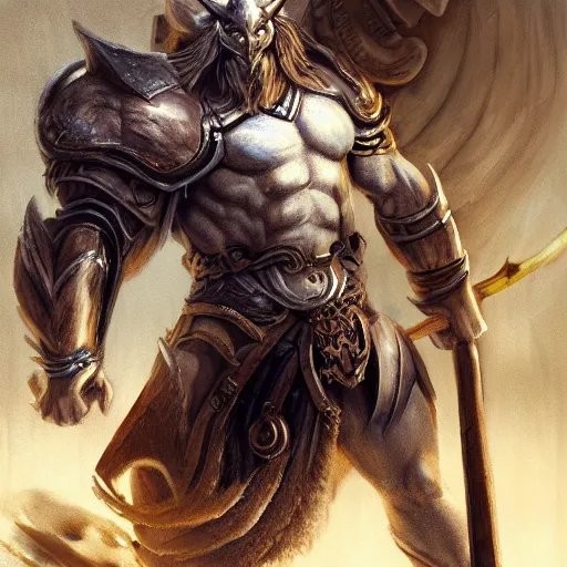 Image similar to Giant minotaur humanoid beast warrior with two handed axe, human face, concept art, heavy white and golden armor, impressive horns, long mane, full body, muscular, dungeons and dragons, hyperrealism, high details, digital painting, dark fantasy