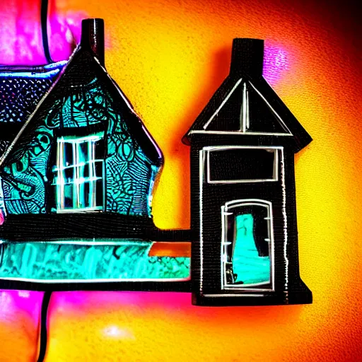 Image similar to a house made of liquid, neon, intricate details, black backround