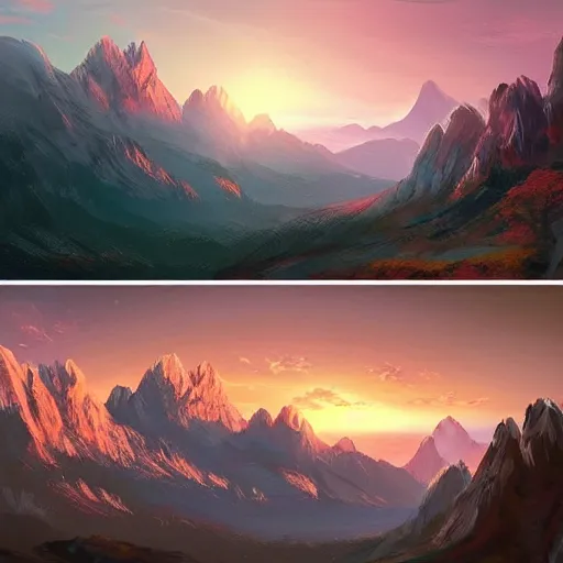 Image similar to mountain landscape, craggy mountains, panoramic, painting, color palette, beautiful sky, sharp peaks, soft foothills, artstation award, highly detailed