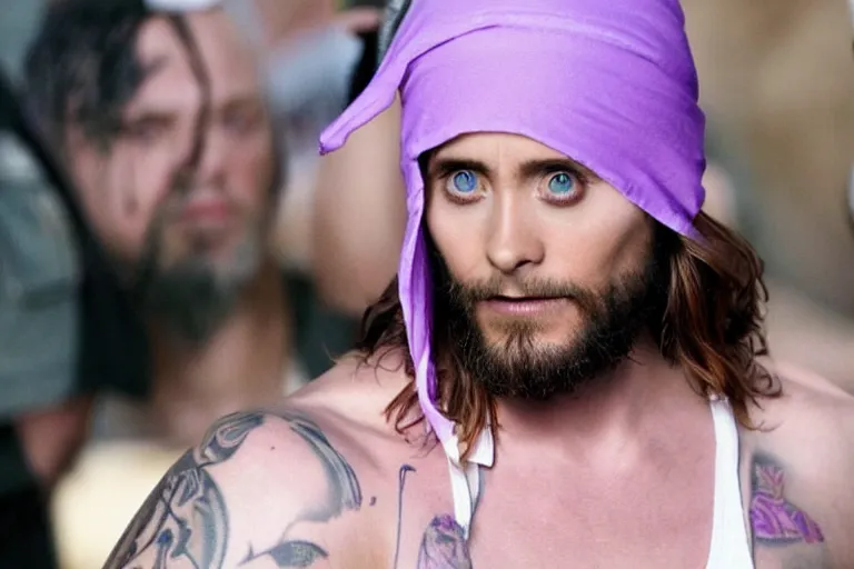 Image similar to medium full shot of jared leto as a white gang member wearing a purple head covering made from a polyester or nylon material and a white tank top sliding on a opp in the new movie directed by ice cube, movie still frame, arms covered in gang tattoo, promotional image, critically condemned, top 1 5 worst movie ever imdb list, public condemned, relentlessly detailed