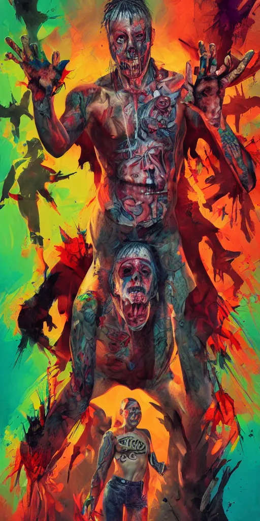 Prompt: Bright, colorful, realistic Serial killer rpg single individual full body gore covered with scars and tattoos screaming, backlighting, kodachrome, high contrast, highly detailed, sharp focus, digital painting, concept art, illustration, trending on artstation, comic book by Alex Ross cover art